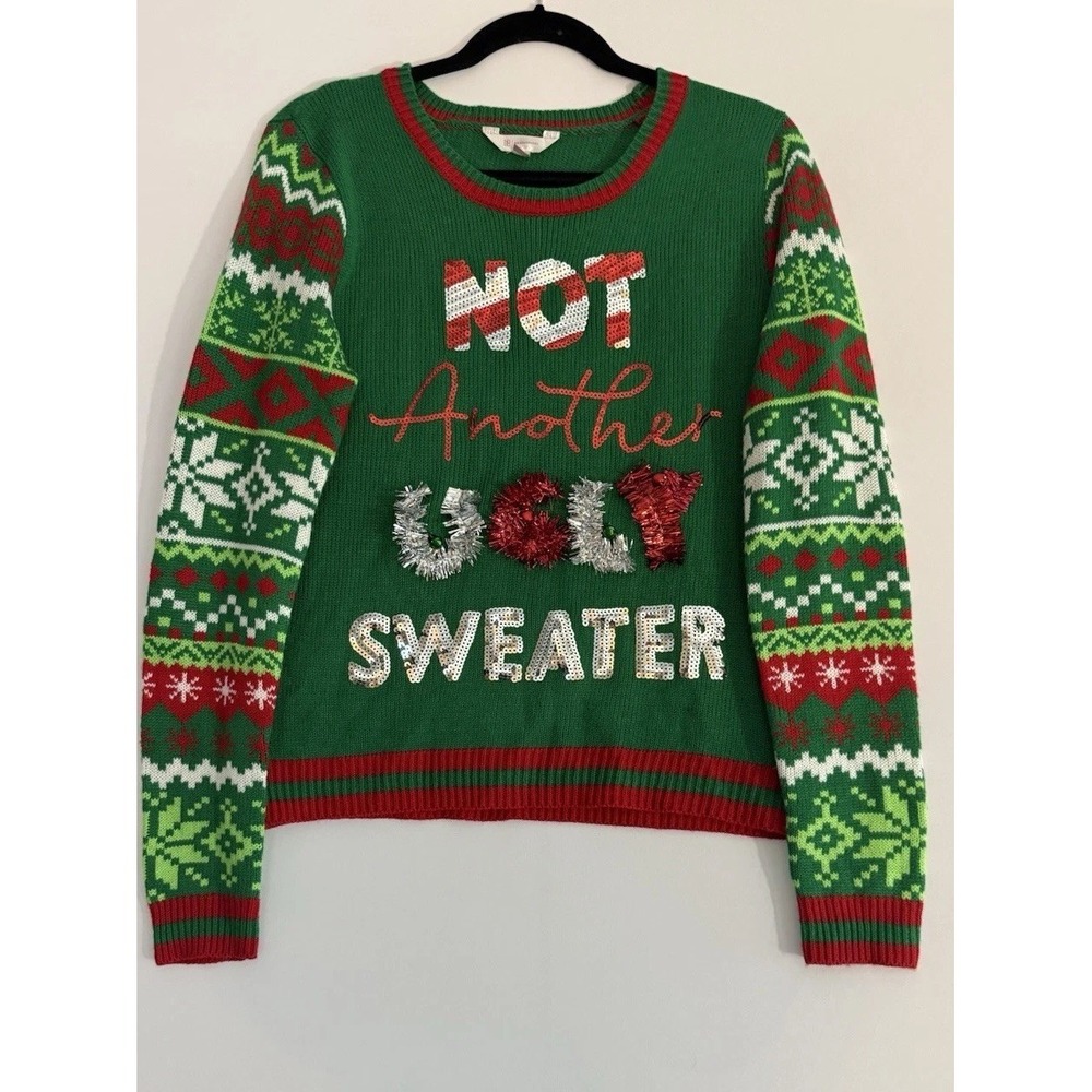 No Boundaries Women's L (11–13) "Not Another Ugly Sweater" Christmas Sequin Knit